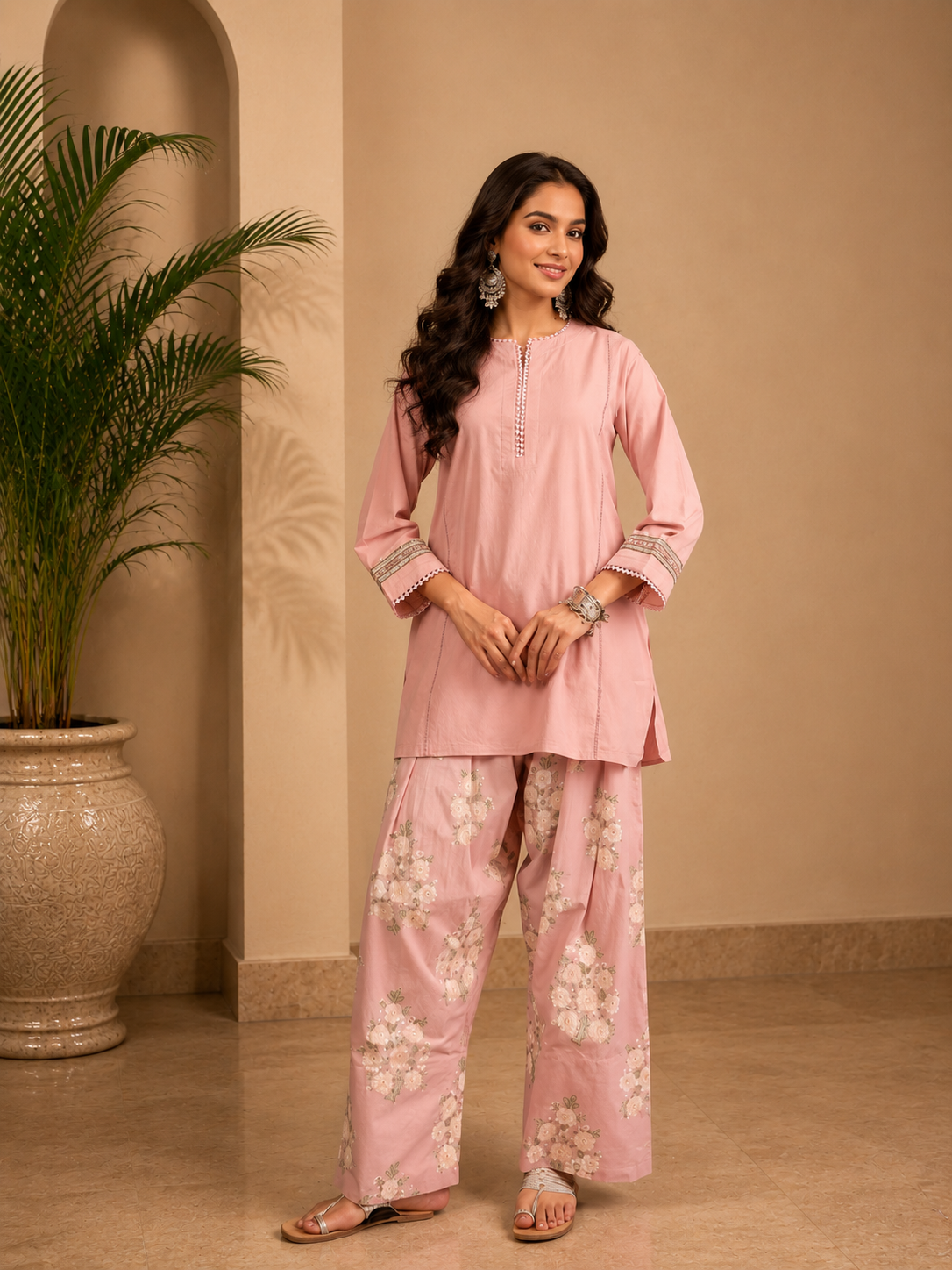 Rosé Meher Floral Kurta Set with Printed Palazzo & Dupatta