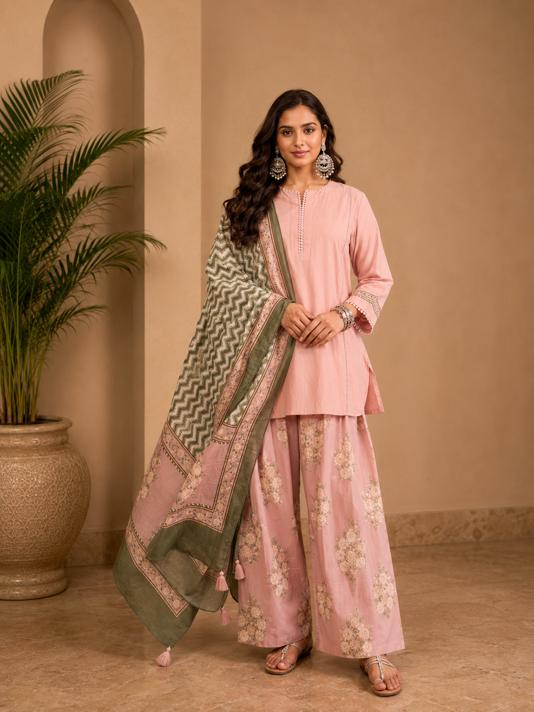Rosé Meher Floral Kurta Set with Printed Palazzo & Dupatta