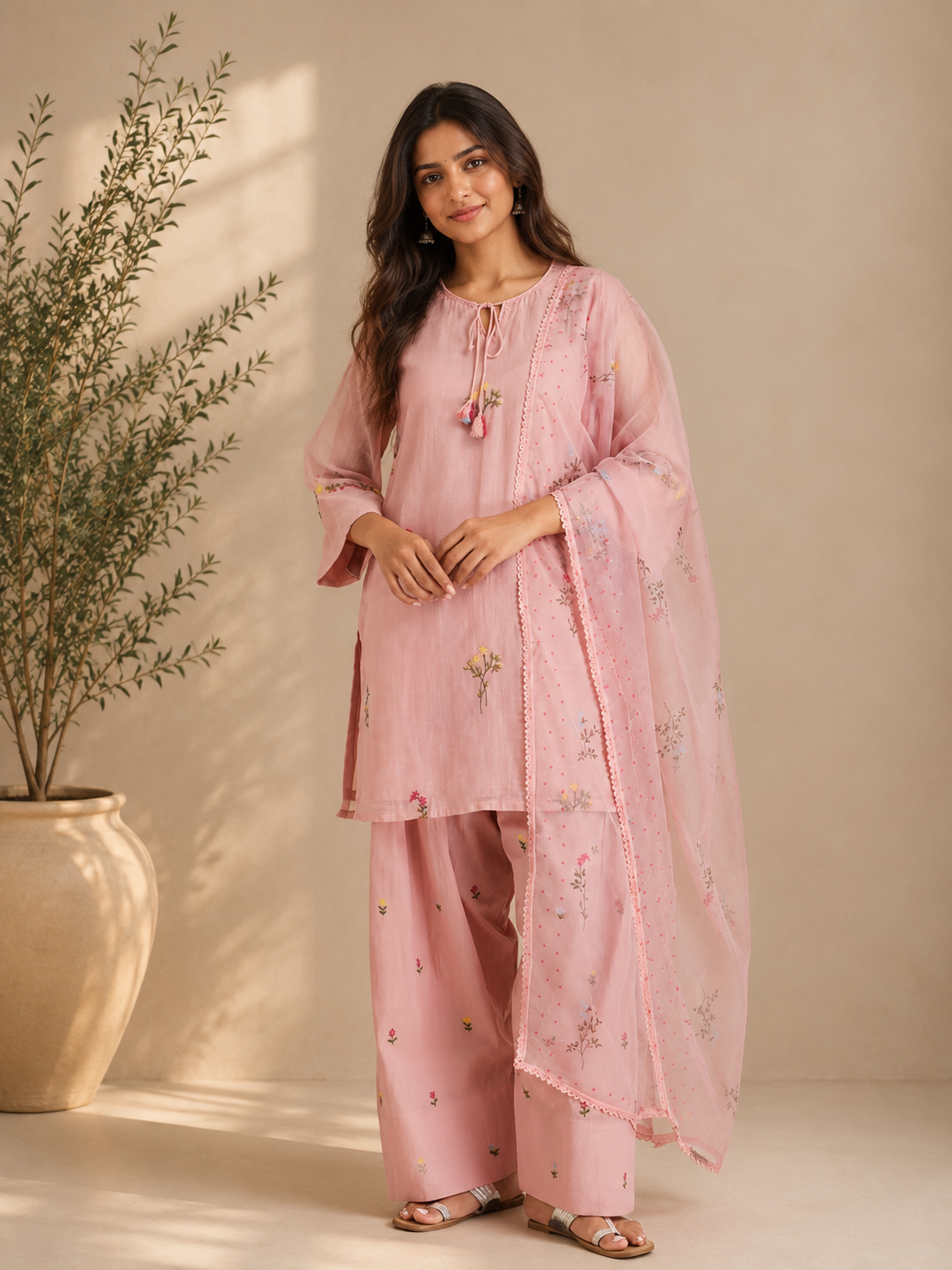 Blush Flora Embroidered Kurta Set with Organza Dupatta