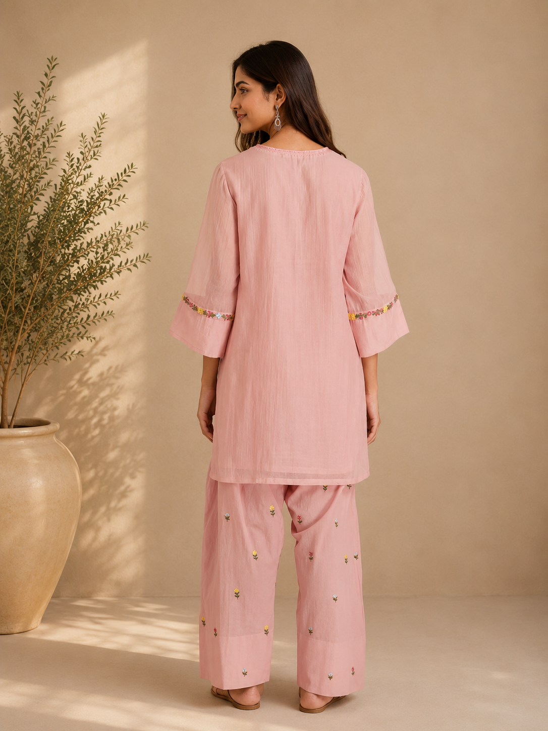 Blush Flora Embroidered Kurta Set with Organza Dupatta