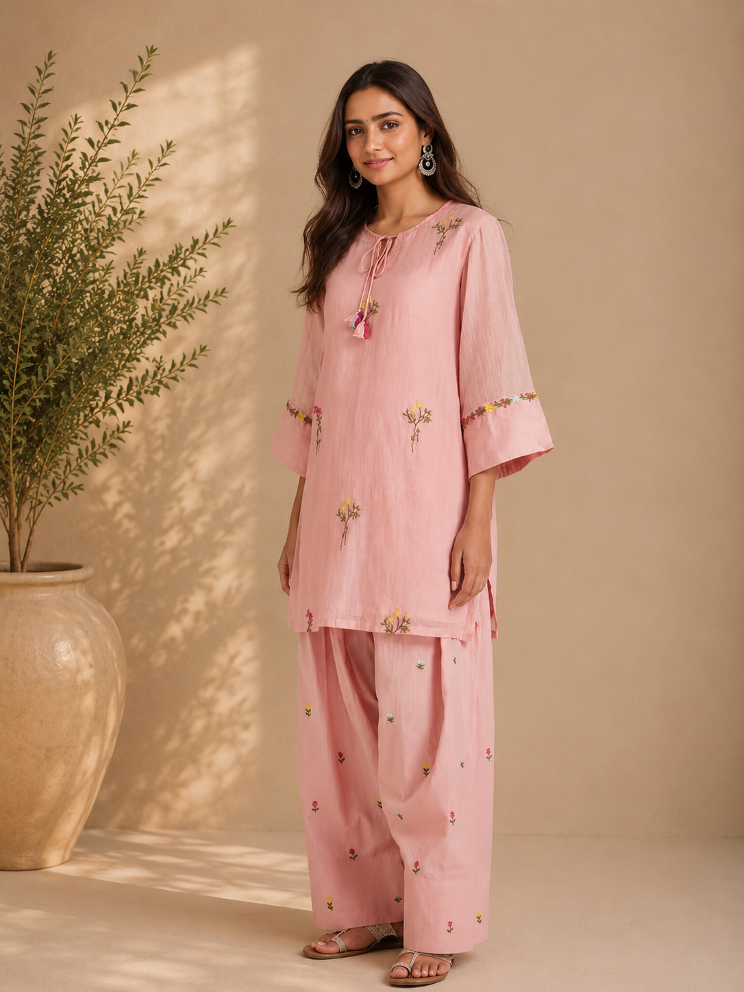 Blush Flora Embroidered Kurta Set with Organza Dupatta