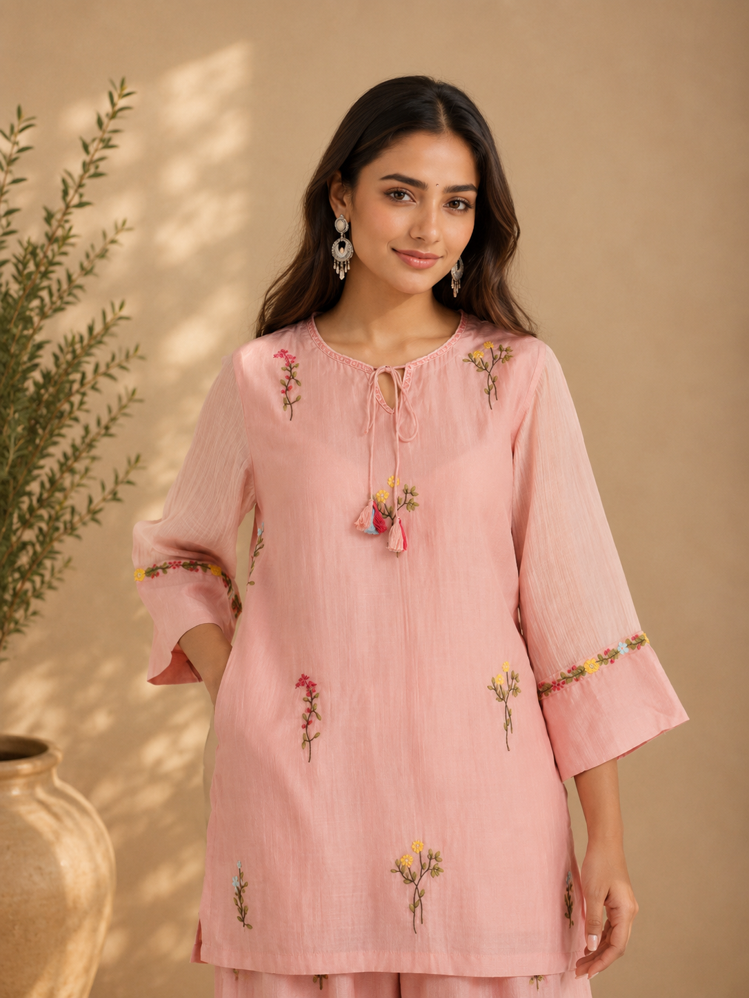 Blush Flora Embroidered Kurta Set with Organza Dupatta