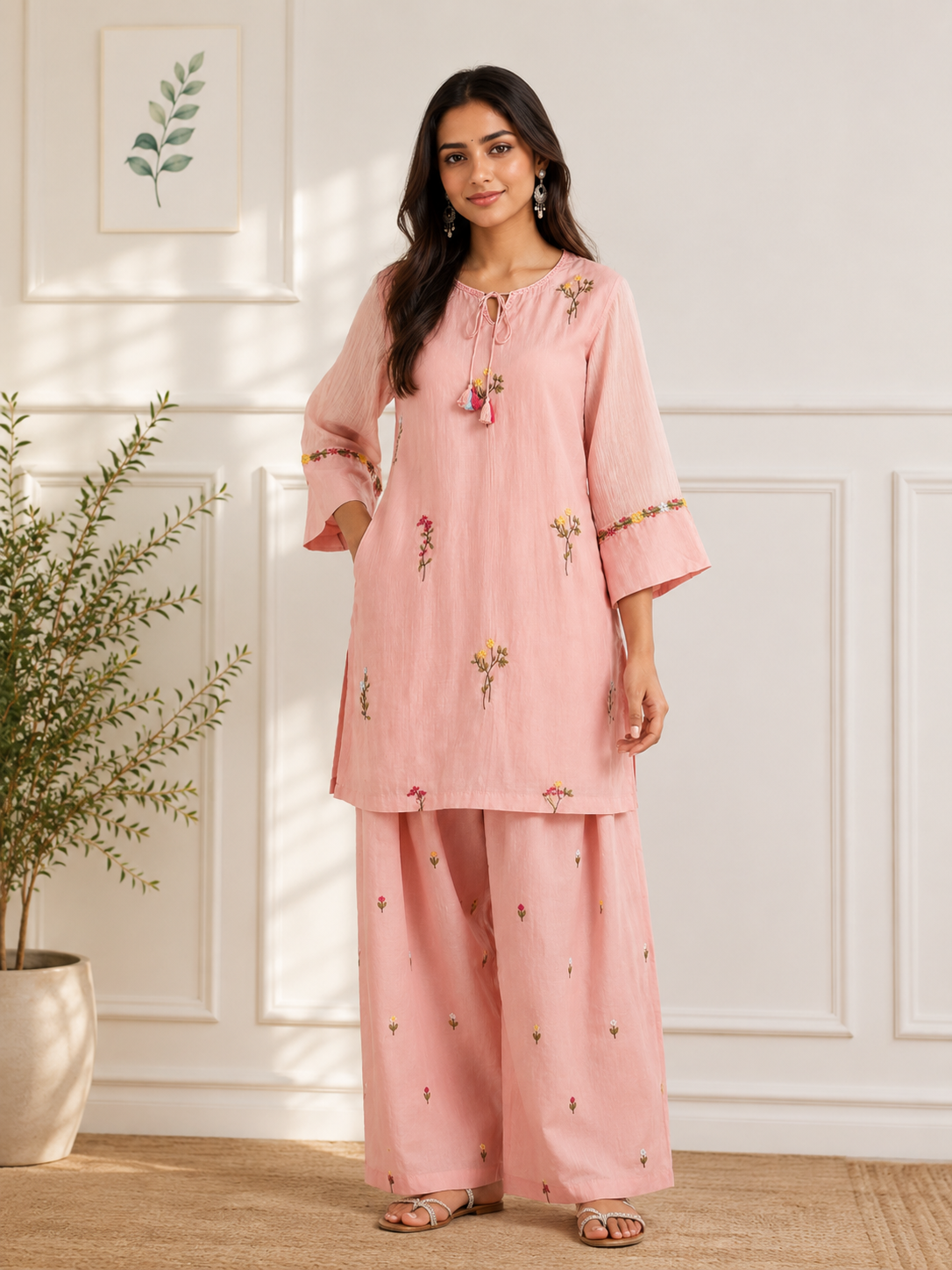 Blush Flora Embroidered Kurta Set with Organza Dupatta