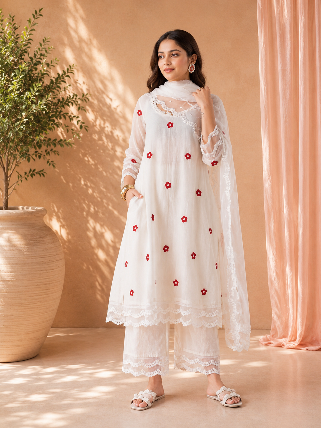 White Floral Embroidered Ethnic Kurta Set for Women