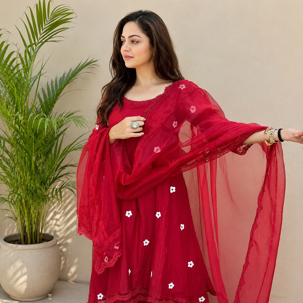 Blossom Embroidered Kurta Set with Lace Detailing & Dupatta