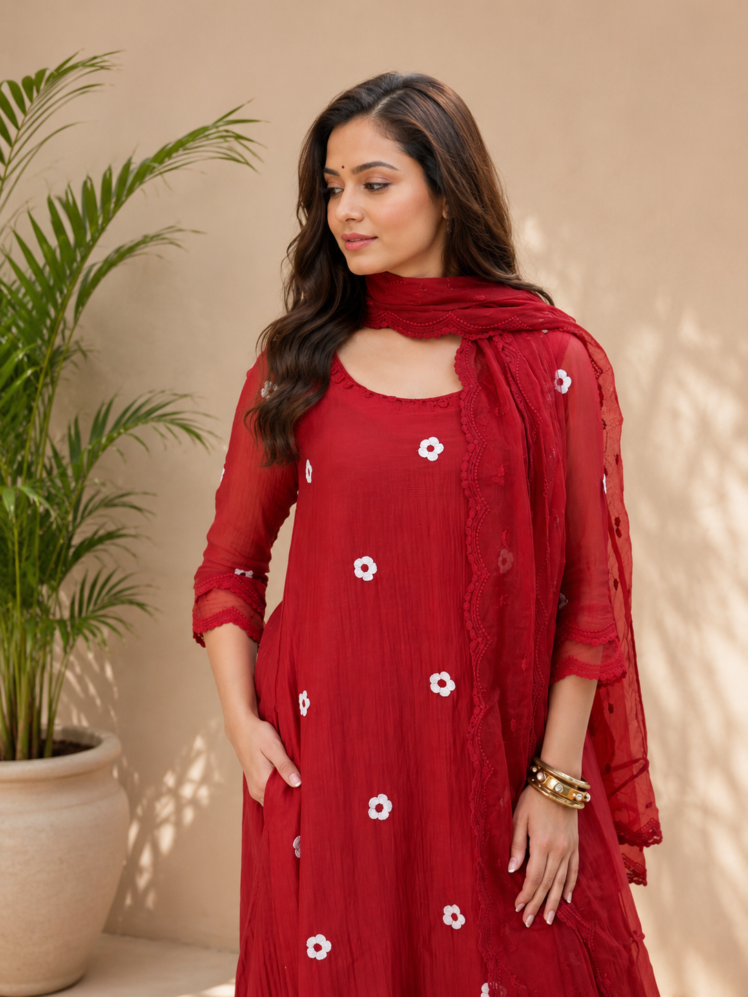 Blossom Embroidered Kurta Set with Lace Detailing & Dupatta