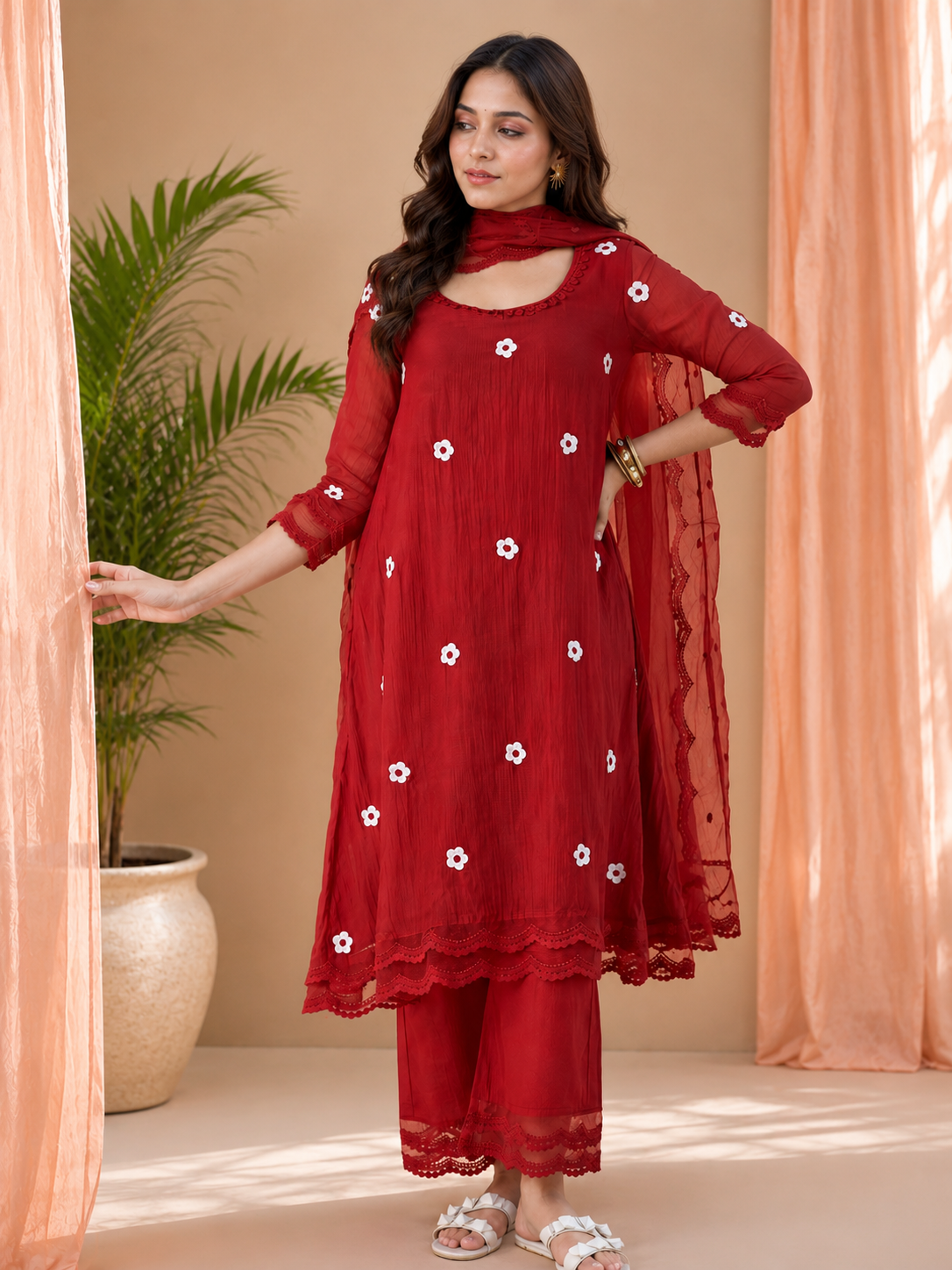 Blossom Embroidered Kurta Set with Lace Detailing & Dupatta