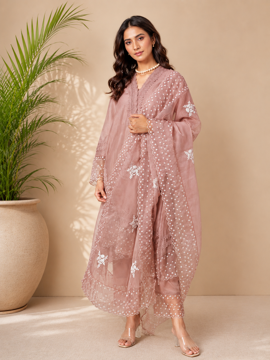 Blush Noor Embroidered Kurta Set with Organza Dupatta