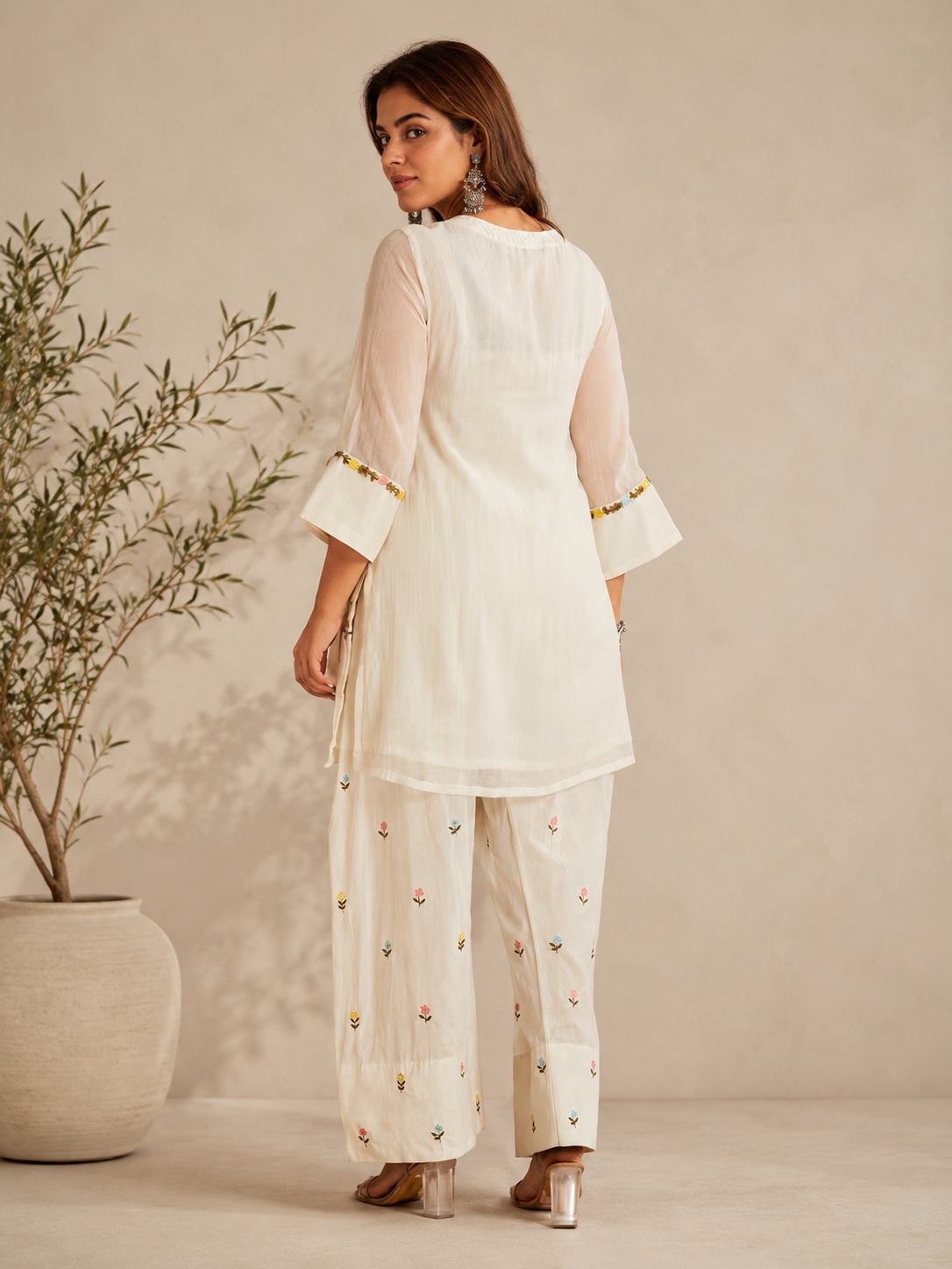 Ivory Flora Printed Kurta Set with Printed Palazzo
