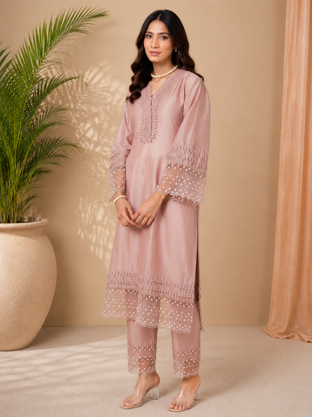 Blush Noor Embroidered Kurta Set with Organza Dupatta