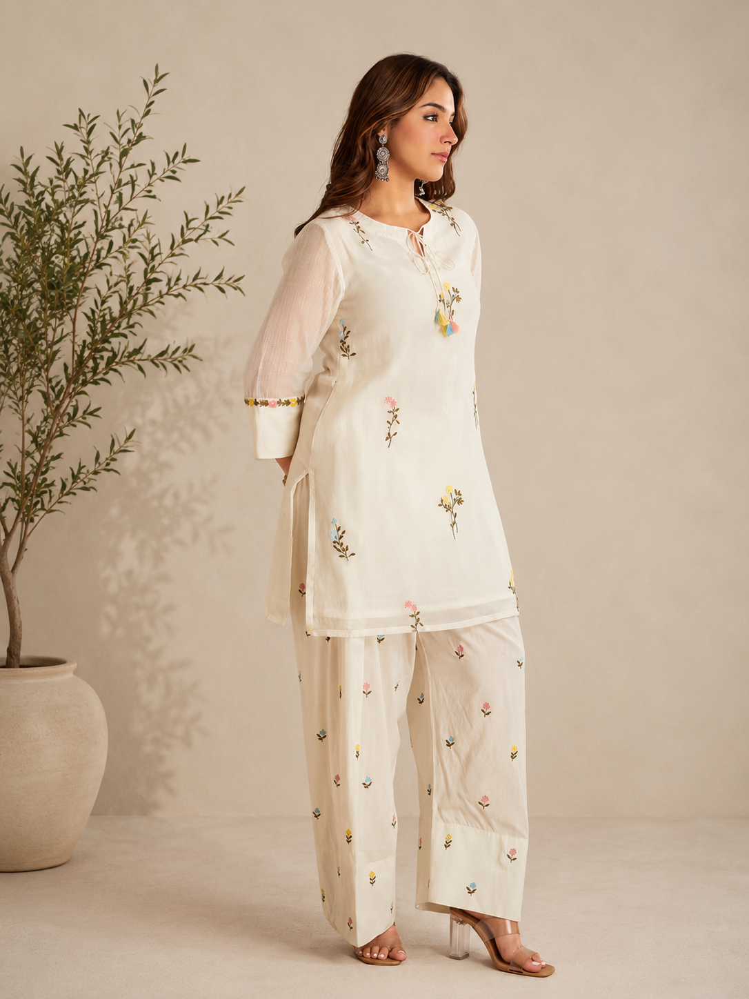 Ivory Flora Printed Kurta Set with Printed Palazzo
