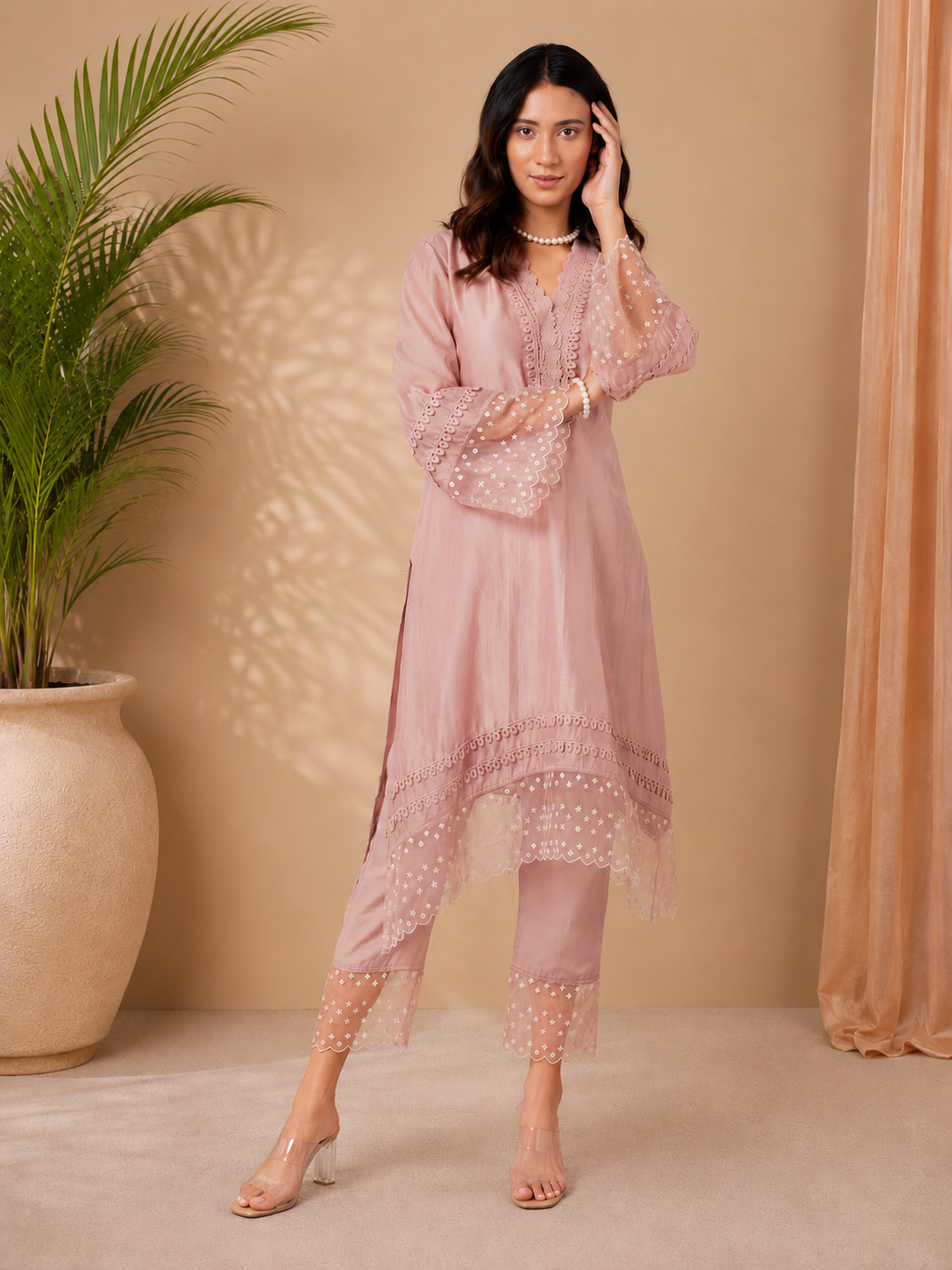 Blush Noor Embroidered Kurta Set with Organza Dupatta