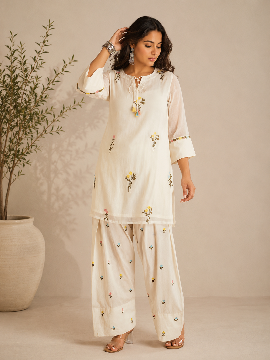 Ivory Flora Printed Kurta Set with Printed Palazzo