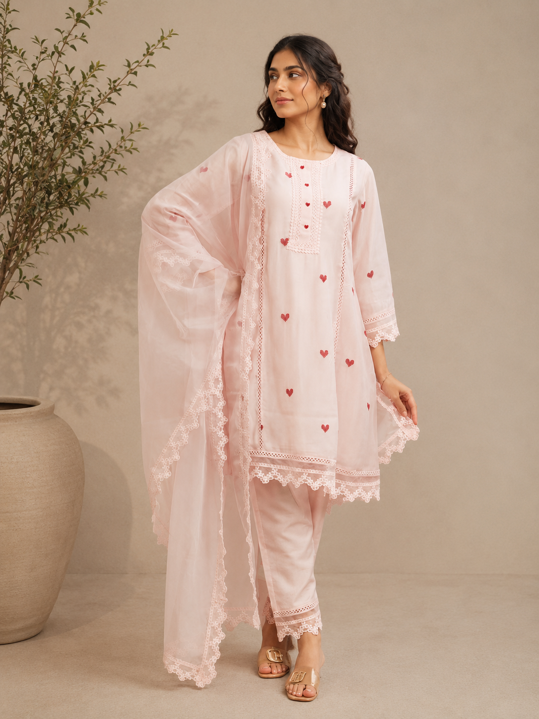 Blush Amour Embroidered Kurta Set with Lace Organza Dupatta