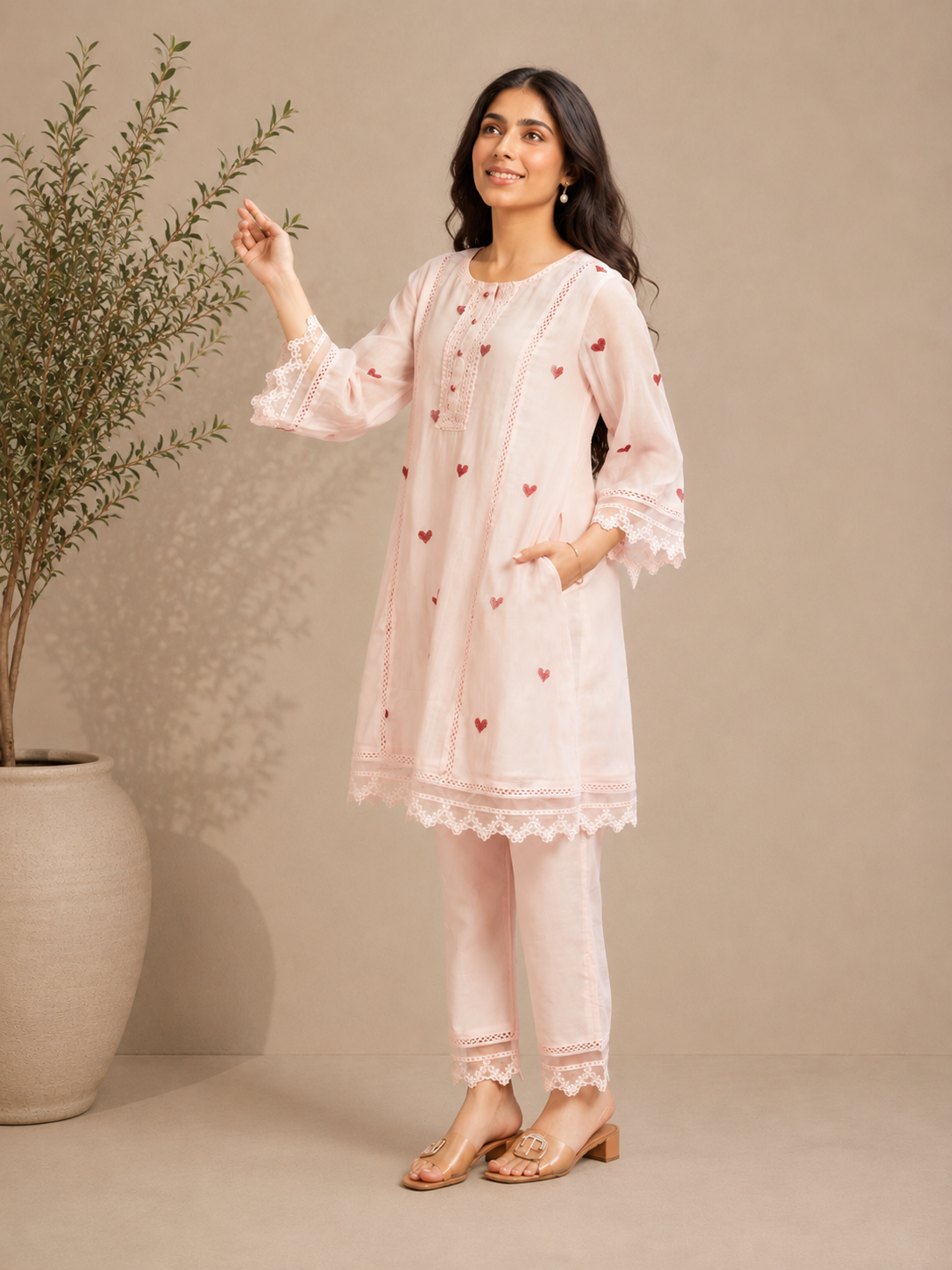 Blush Amour Embroidered Kurta Set with Lace Organza Dupatta