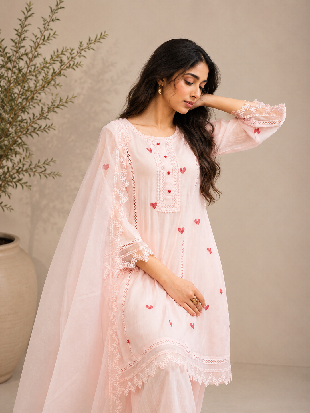 Blush Amour Embroidered Kurta Set with Lace Organza Dupatta