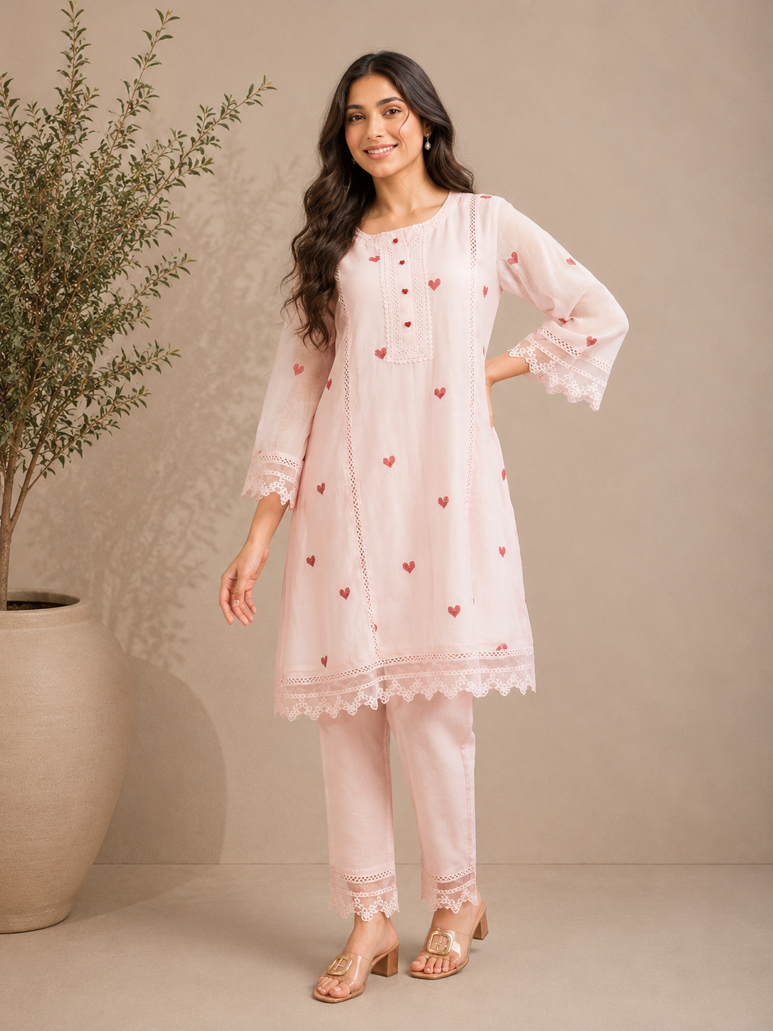 Blush Amour Embroidered Kurta Set with Lace Organza Dupatta