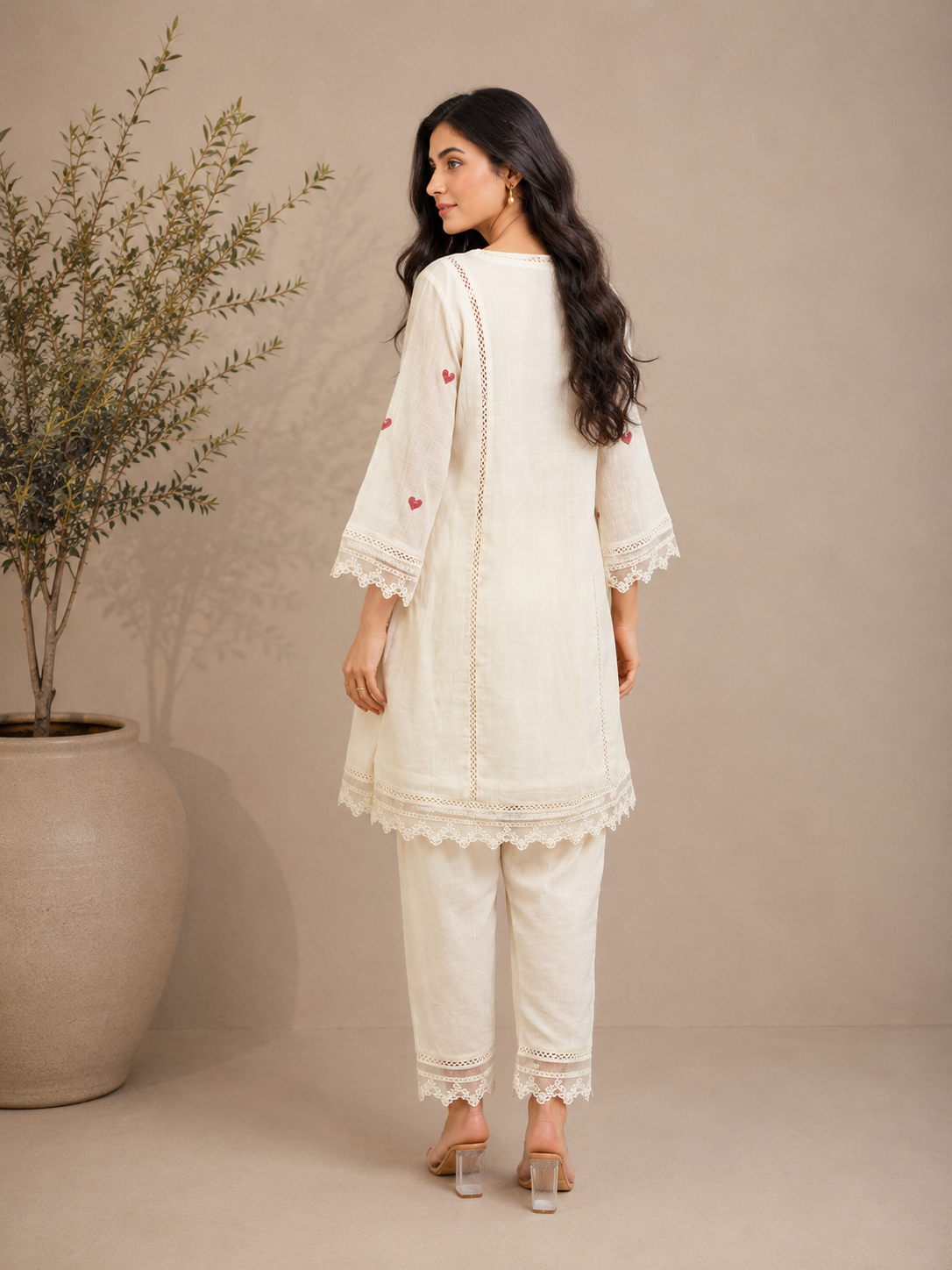 Ivory Amour Embroidered Kurta Set with Lace Organza Dupatta
