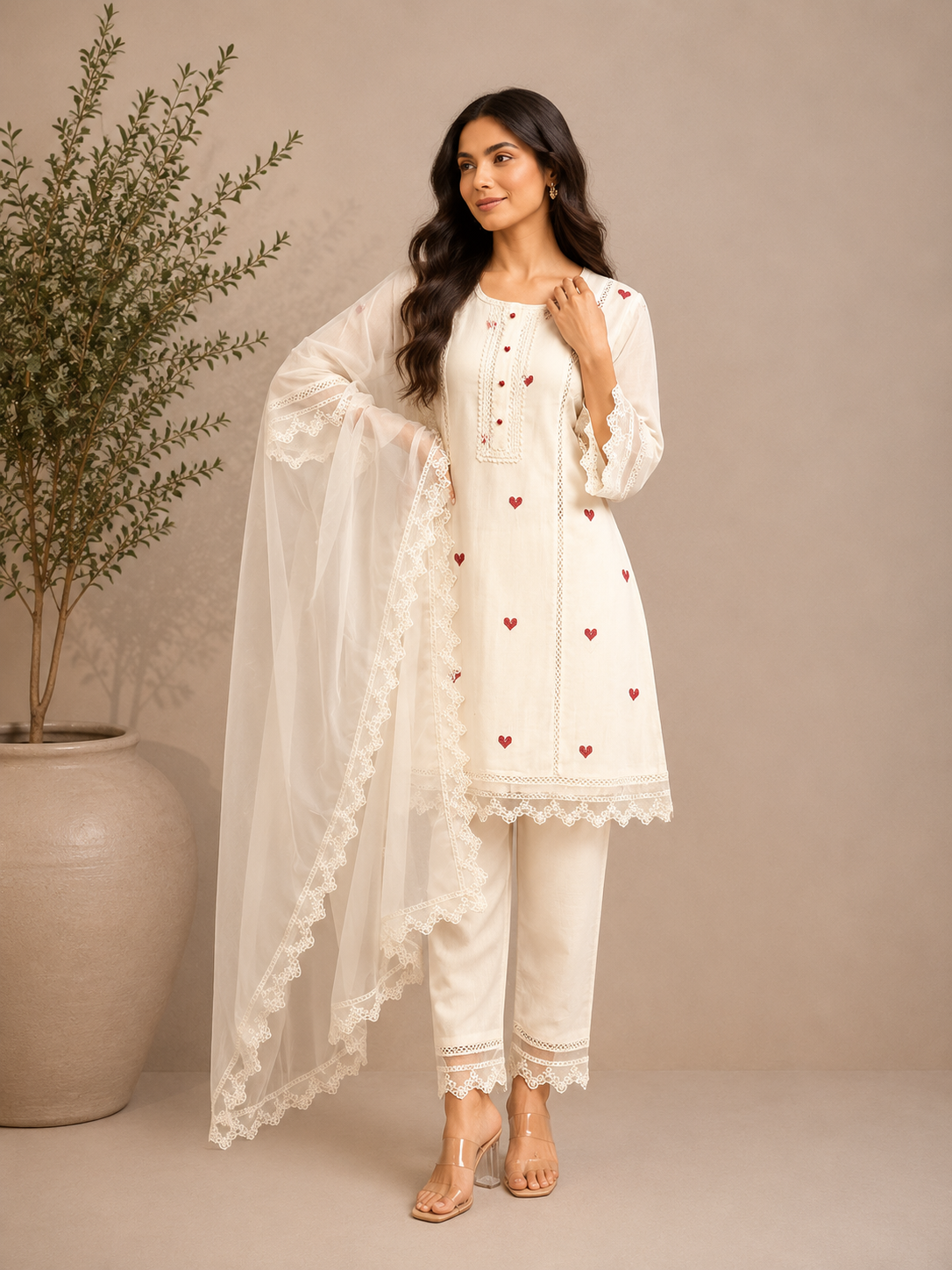 Ivory Amour Embroidered Kurta Set with Lace Organza Dupatta