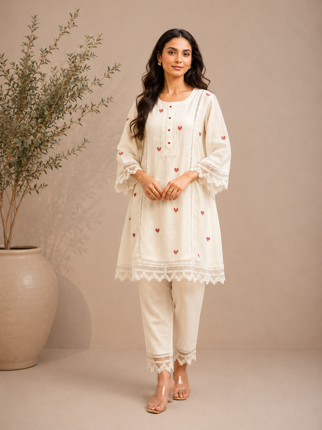 Ivory Amour Embroidered Kurta Set with Lace Organza Dupatta