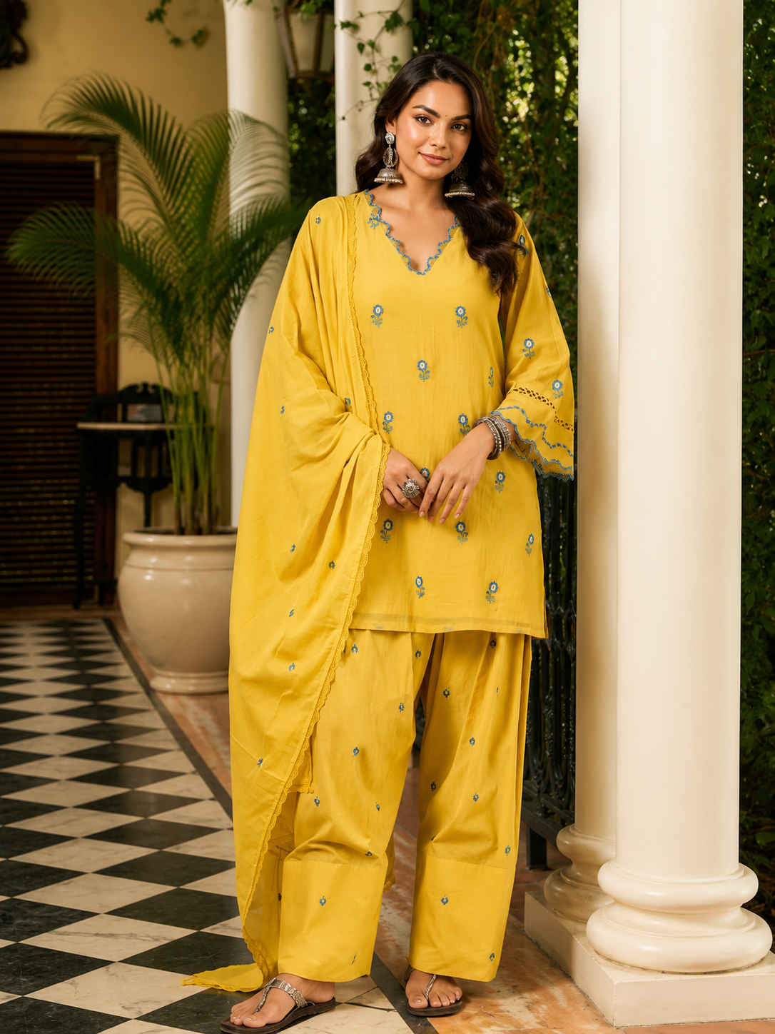 Mustard Yellow Embroidered Kurta Set With Dupatta