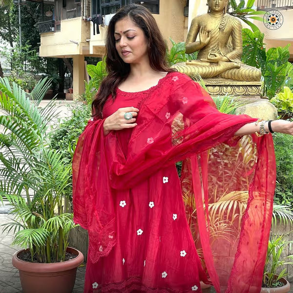 Blossom Embroidered Kurta Set with Lace Detailing & Dupatta